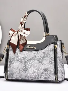 Women Retro PU Leather Handbag Elegant Floral Embroidery Tote With Silk Scarf Decor Large Capacity Shoulder Crossbody Bag