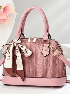 Rosa plissierte Muschel-Handtasche für Damen mit Seidenschal und Schultergurt