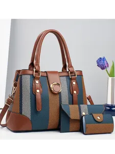 Three-piece striped tote bag set for women with matching pouches and leather trim