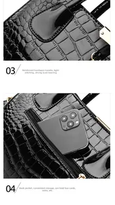 Detail of black crocodile texture handbag showing reinforced hardware and rear zipper pocket