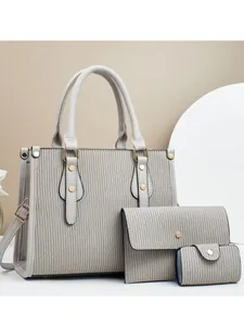 Ensemble de 3 sacs cabas gris plissés avec clous dorés et bandoulière réglable amovible