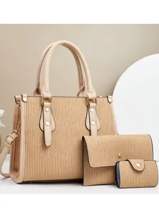 Ensemble de sacs cabas beige 3 pièces avec texture plissée et bandoulière réglable