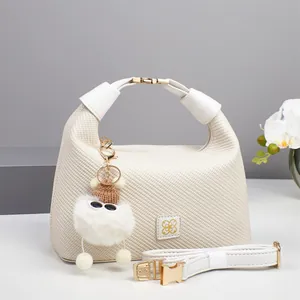 Women Woven Texture PU Leather Shoulder Bag With Plush Monster Charm Small Crossbody Handbag For Daily Shopping Lady Gift