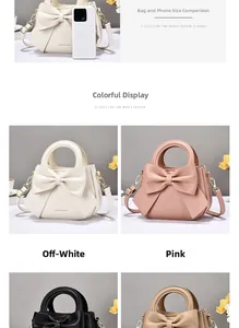Comparación de tamaño entre el bolso con lazo y un móvil con varias opciones de color