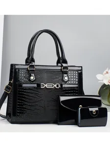 Damen 3-teiliges Lackleder Krokodilmuster Handtaschenset Große Kapazität Tragetasche Mit Clutch-Tasche Und Kartenhalter Goldene Hardware