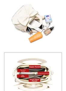 Estructura interna detallada del bolso de cuero PU crema con múltiples compartimentos
