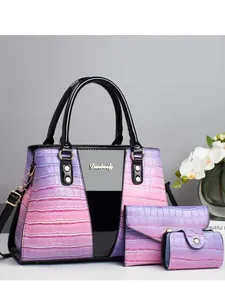 Chic gradient purple crocodile embossed tote bag set with black patent leather handles