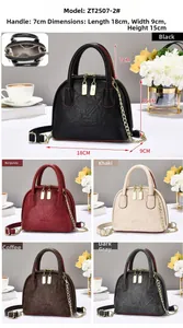 Detailed views of vintage embossed shell bag with size specs and five color options