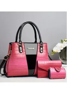 Pink faux crocodile leather tote bag 3-piece set with black handles and metal logo
