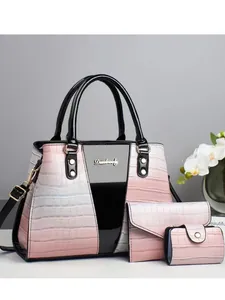 Pink gradient crocodile pattern 3-piece handbag set with large tote and matching wallets