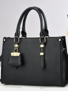 Women's Large Capacity Tote Bag Litchi Grain PU Leather Handbag With Mini Charm Commuter Shoulder Bag For Daily Use