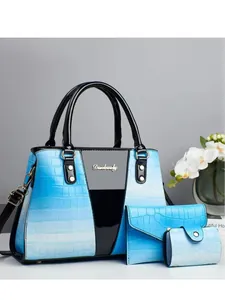 Blue and white gradient crocodile pattern handbag set with large tote, wallet and purse