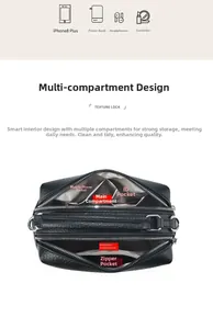 Internal view of black pebble leather handbag showing multi-pocket storage compartments