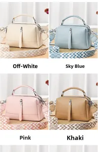 Collage of four large capacity pillow bags in off-white, sky blue, pink, and khaki colors