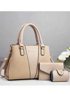 Three-piece beige shoulder bag set with textured weave panels and top handle