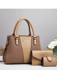 Three-piece fashion handbag set with color-block stitching and large capacity tote bag