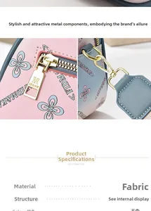 Detail view of pink and blue fabric crossbody bag with golden hardware and floral patterns