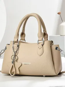 Women's Lychee Pattern PU Leather Tote Bag Large Capacity Minimalist Shoulder Handbag With Star Charm For Daily Commute