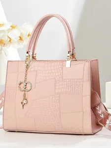 Women's Vintage Crocodile Pattern Patchwork Tote Bag Large Capacity PU Leather Handbag With Printed Strap Commuting Bag