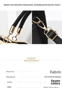 Detailed specs of the black fabric shoulder bag with 30x10x19cm dimensions and gold hardware