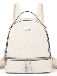 Minimalist beige woven texture backpack with silver hardware and dual zipper compartments