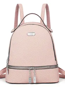 Pink large-capacity diaper backpack made of textured fabric with silver metal zippers