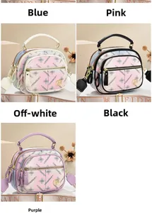 Detailed collection of printed crossbody bags in blue, pink, cream, black, and purple