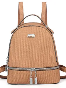 Brown woven texture large capacity backpack with silver metal zippers and top handle