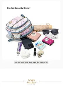Detail view of large capacity multi-layer crossbody bag with floral pattern and daily items