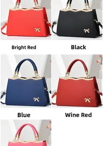 Detailed grid view of stylish leather handbags featuring gold wave trim and bow accents