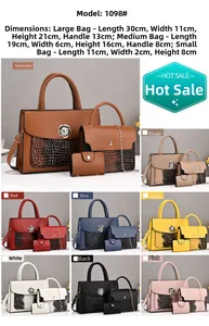 Detailed size chart for 3-piece bag set with crocodile embossed texture and metal floral decor