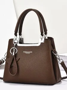 Sac à Main Femme Cuir PU Motif Litchi Avec Pendentif Étoile Élégant Fourre-tout Sac à Bandoulière Pour Mamans Quotidien