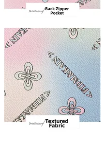 Detail view of pink and blue gradient lychee leather bag with elegant brand monogram