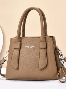 Minimalist PU Leather Litchi Grain Top Handle Bag For Women Multi Compartment Shoulder Crossbody Bag Casual Commuter Handbag