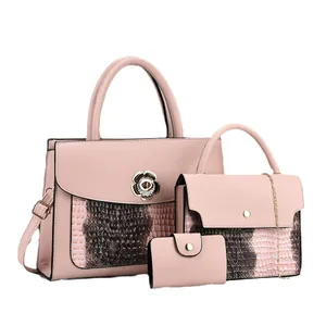 Three-piece women handbag set including tote and chain bag in nude pink snakeskin print