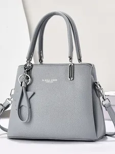 Elegant light grey textured leather handbag for women with large capacity and star charm