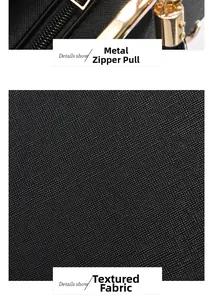 Close-up of golden hardware zipper and textured anti-scratch fabric on black bag
