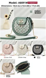 Detail view of round chain bag dimensions 18x9x17cm and internal zippered pocket structure