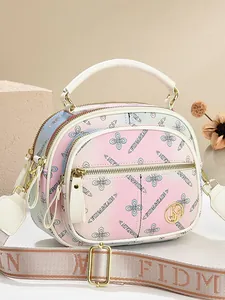Floral print crossbody bag with macaron color blocking and wide logo strap