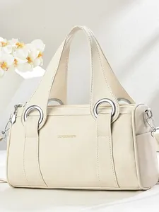 Women Casual Large Capacity Boston Pillow Bag Soft PU Leather Lychee Pattern Handbag With Metal Rings Shoulder Bag Commuter Tote