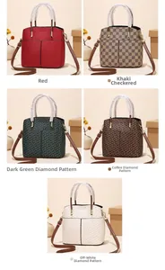 Collection of women's bucket bags in red, checkered khaki and diamond pattern finishes