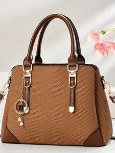 Elegant Textured PU Leather Handbag For Women Large Capacity Tote Bag With Four Leaf Clover Artificial Pearl Pendant Gold Hardware