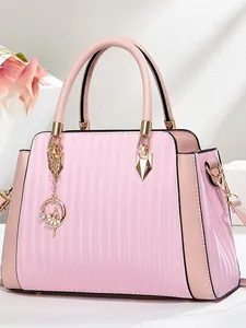 Women Fashion Pleated PU Leather Handbag Large Capacity Top Handle Bag With Ballet Dancer Charm Commuter Shoulder Bag