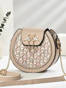 Women Round Crossbody Bag Geometric Hollow Design Shoulder Bag With Swan Buckle Artificial Pearl Decor PU Leather Chain Strap Handbag