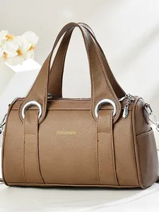 Brown litchi leather Boston shoulder bag with gold logo and silver zipper detail