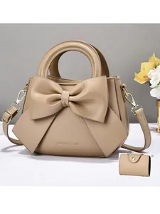 Elegante borsa a mano beige con fiocco per donna e portafoglio piccolo incluso