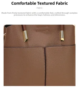 Detail of brown bucket bag showing fine lychee grain texture and gold hardware accents