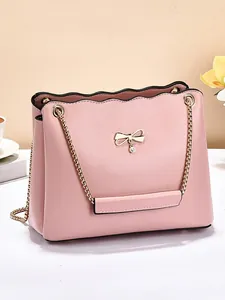 Women Scalloped Edge Bucket Bag PU Leather Bow Shoulder Bag With Chain Strap Large Capacity Fashion Commuter Crossbody Bag