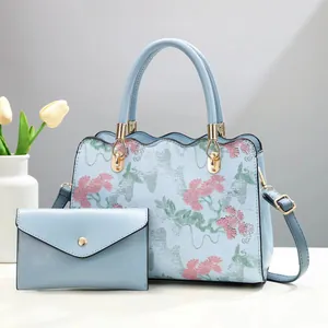 Women Floral Embroidered Handbag And Small Wallet PU Leather Crossbody Shoulder Bag Elegant Flower Pattern Tote Daily Bags