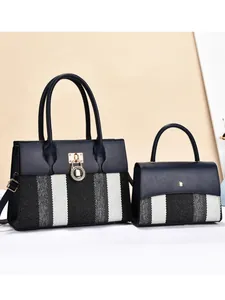 Navy blue color-block striped handbag set with large tote and small flap bag combo